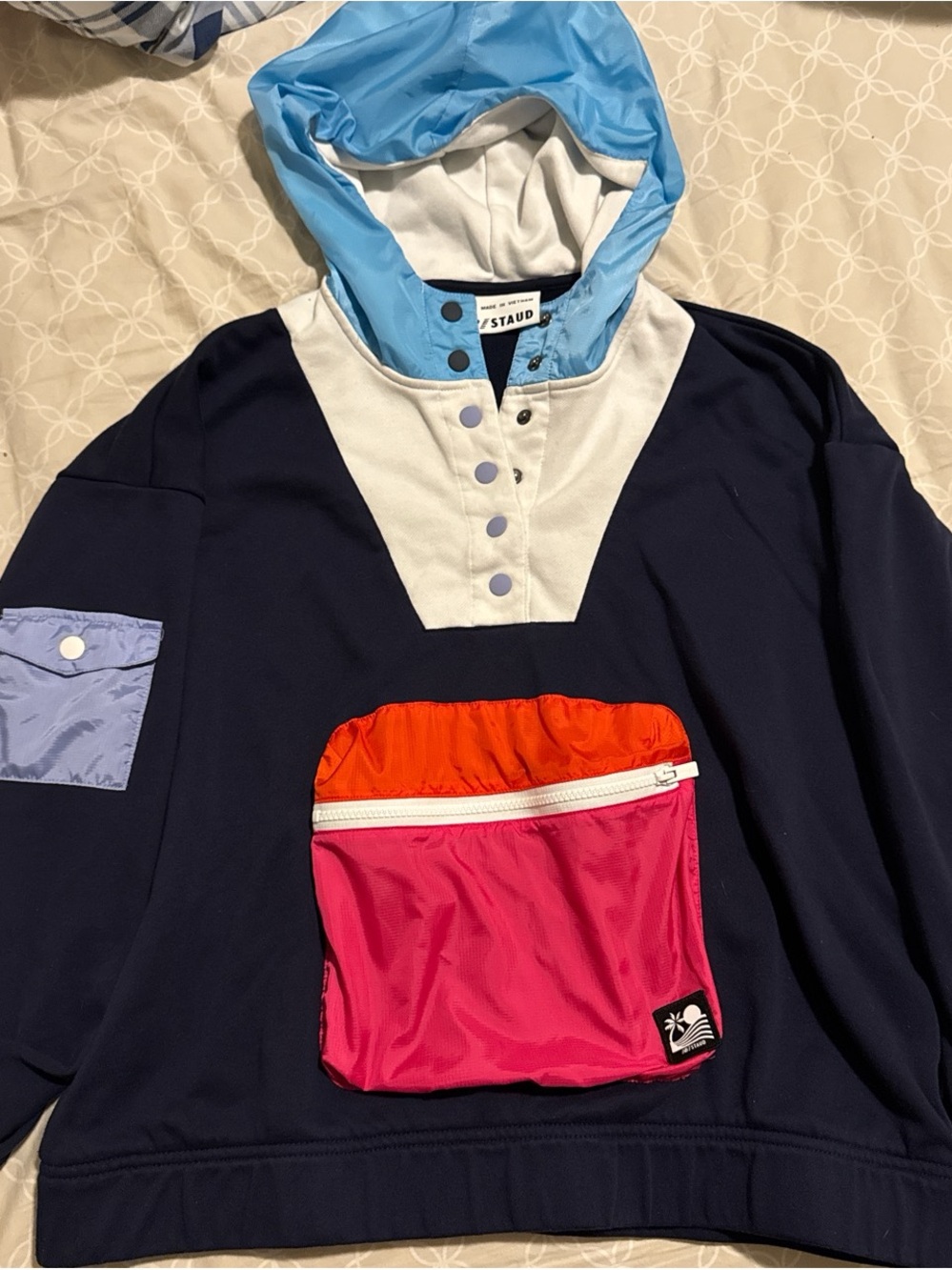 STAUD Navy Pullover Hoodie with Light Blue Hood & Pink/Red Front Pocket